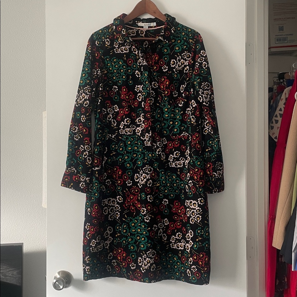 Boden Long Sleeve Floral Dress in Black, Green, Red, White